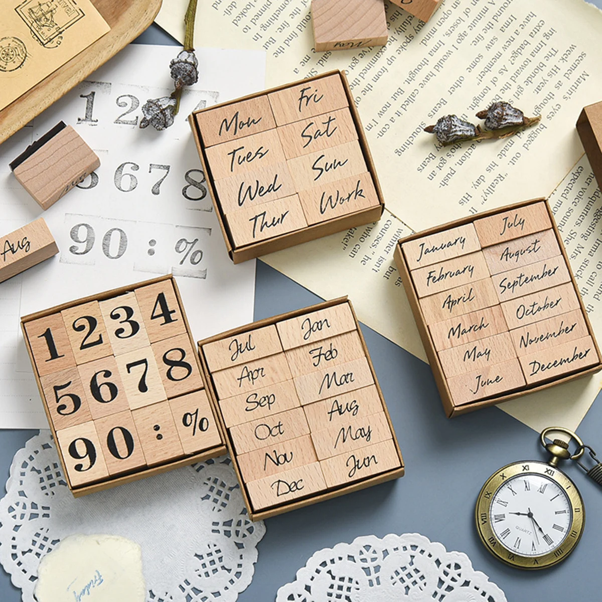Rubber Date Stamp - Holz-Gummi-Datumsstempel, 12 Monate, Wochentage, Zahlen, DIY-Planer,
